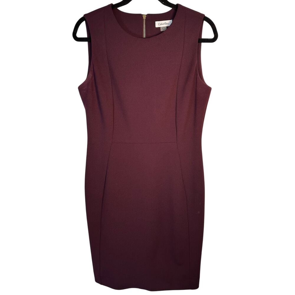 Calvin Klein Burgundy Sheath Dress Size 10 Sleeveless Gold Zip Career Work